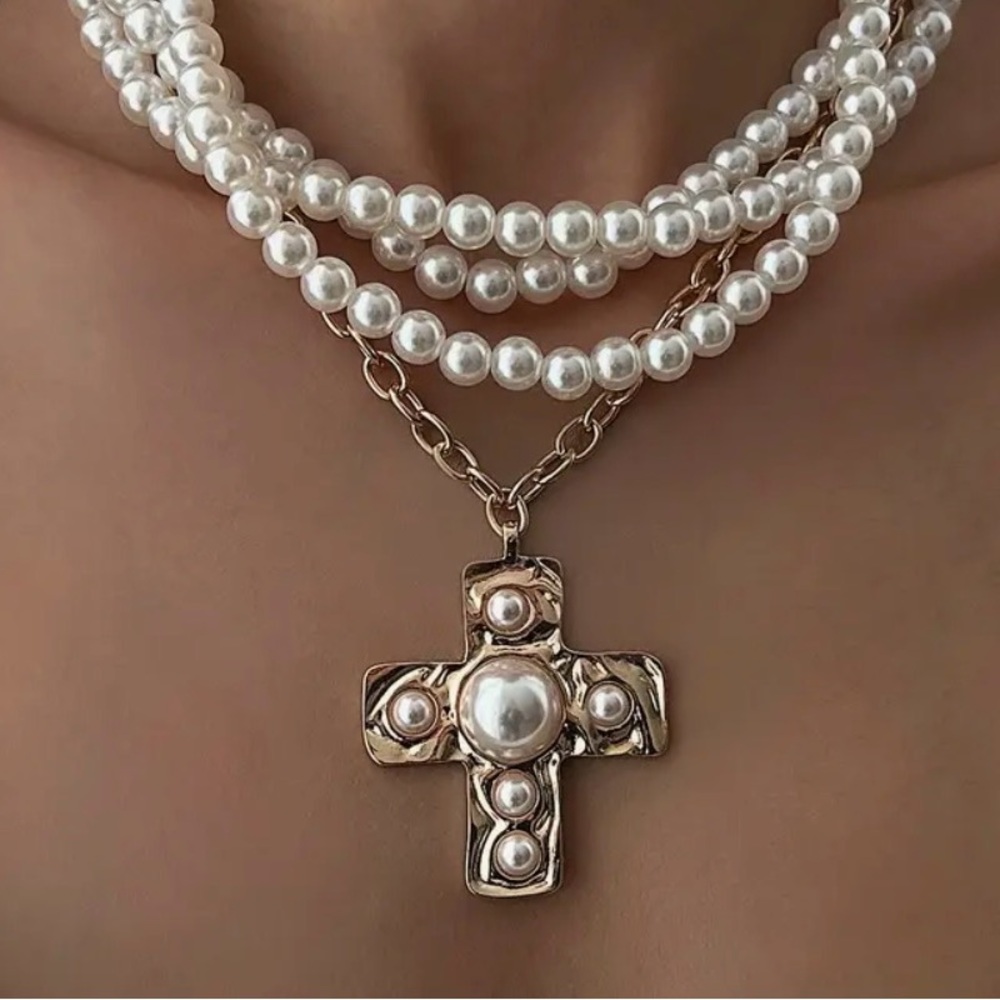 Hand Crafted White Pearl Multi-Strand Necklace with Gold Cross Pendant